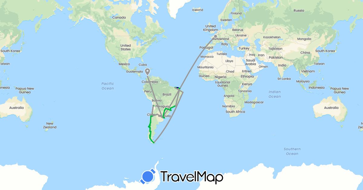 TravelMap itinerary: driving, bus, plane in Argentina, Brazil, Chile, Colombia, France, Paraguay, Uruguay (Europe, South America)